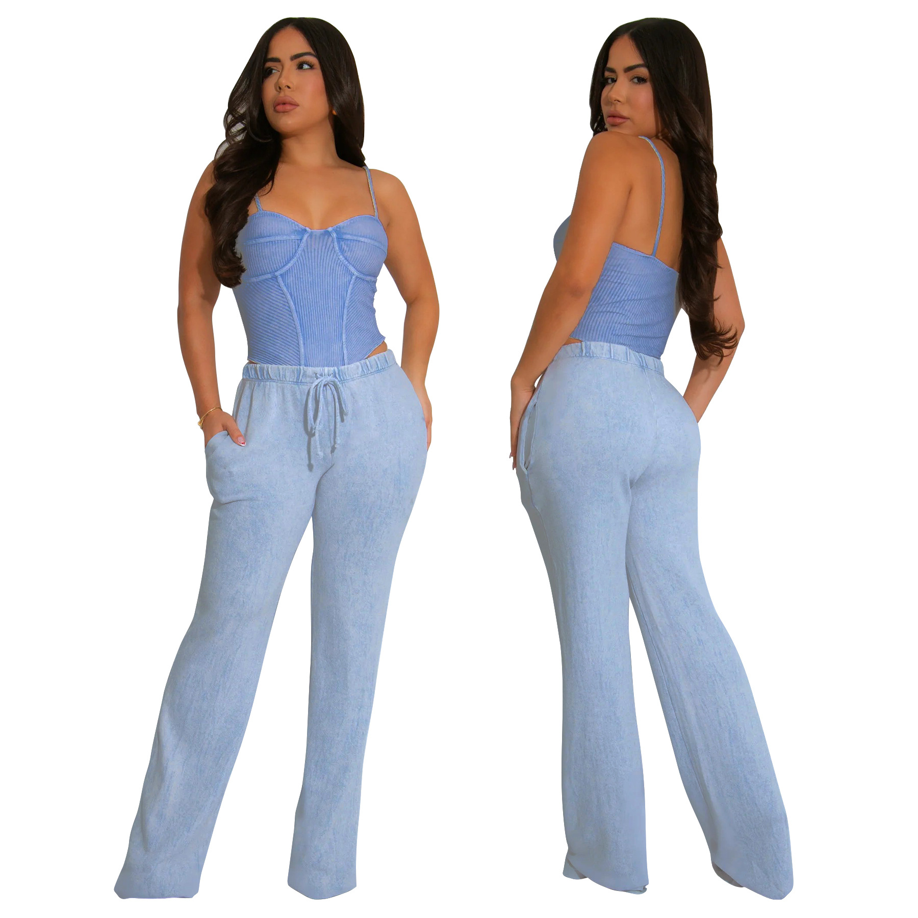 Women Sexy Cotton Washed Strapless Top and Pant Two-Piece Set