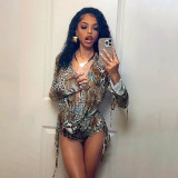 Women Fall Gradient Leopard Print Long-Sleeved Backless Top and Shorts Two-Piece Set