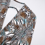 Women Fall Gradient Leopard Print Long-Sleeved Backless Top and Shorts Two-Piece Set