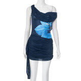 Women Sexy Backless Swing Neck Printed Side Ribbon Bodycon Dress