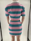 Women Autumn Contrast Striped Shirt Collar Crop Top and Skirt Two-Piece Set