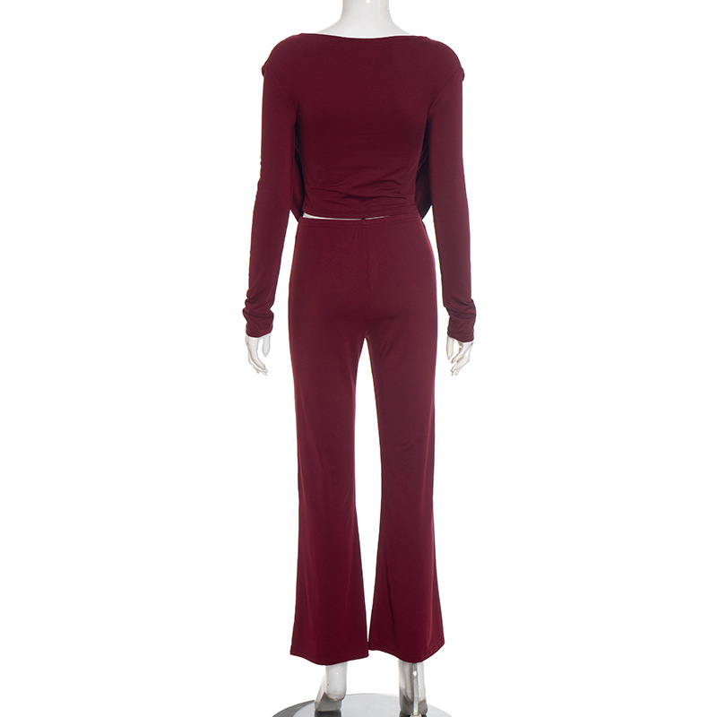 Women Fall Solid Casual Long-Sleeved Top and Pants Two-Piece Set