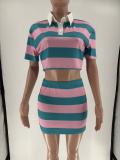 Women Autumn Contrast Striped Shirt Collar Crop Top and Skirt Two-Piece Set