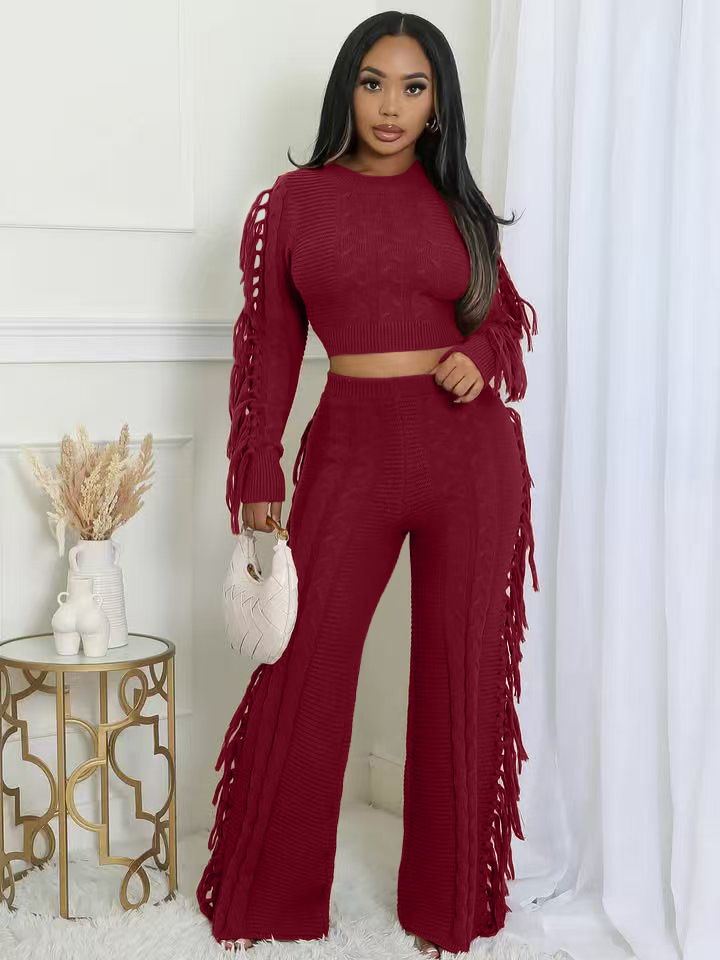 Women Casual Solid Knitting Long-Sleeved Tassel Top and Pant Two-Piece Set