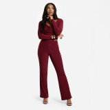 Women Fall Solid Casual Long-Sleeved Top and Pants Two-Piece Set