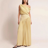Women Elegant Slash Shoulder Solid Dress