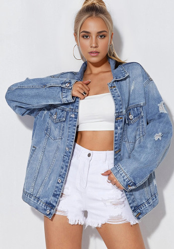 Women Ripped Long-Sleeved Denim Jacket