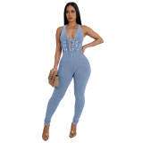 Women Washed Sleeveless Ribbed Jumpsuit