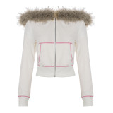 Women American-Style Fall/Winter Sport Velvet Letter Print Fur Collar Hooded Long-Sleeved Jacket and Pants Two-Piece Set