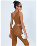 Women's One-Shoulder Tank Top High-Waisted Quick-Dry Long Pants Yoga Set