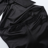 Women's Lace-up High Neck Slit Ruffle Formal Party Dress