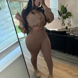 Women Sexy Drawstring Zipper Crop Top and Solid Pants Two Piece Set