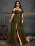 Women's Plus Size Embroidered Slit A-Line Elegant Fashion Long Formal Party Gown