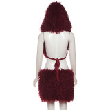 Women Fall Backless Hooded Top and Skirt Two-Piece Set