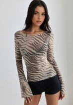 Autumn Women's Zebra Print Long Sleeve See-Through Leopard Print Shirt Autumn Women's Zebra Print Long Sleeve See-Through Leopard Print Shirt
