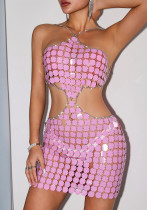 Women's Sexy Sequin Fringe and Chain Detail Cut-Out Metal Body Dress