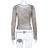 Autumn Women's Zebra Print Long Sleeve See-Through Leopard Print Shirt