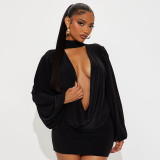 Women Fall Solid Casual V-Neck Long-Sleeved Top and Mini Skirt Two-Piece Set