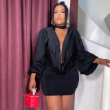 Women Fall Solid Casual V-Neck Long-Sleeved Top and Mini Skirt Two-Piece Set