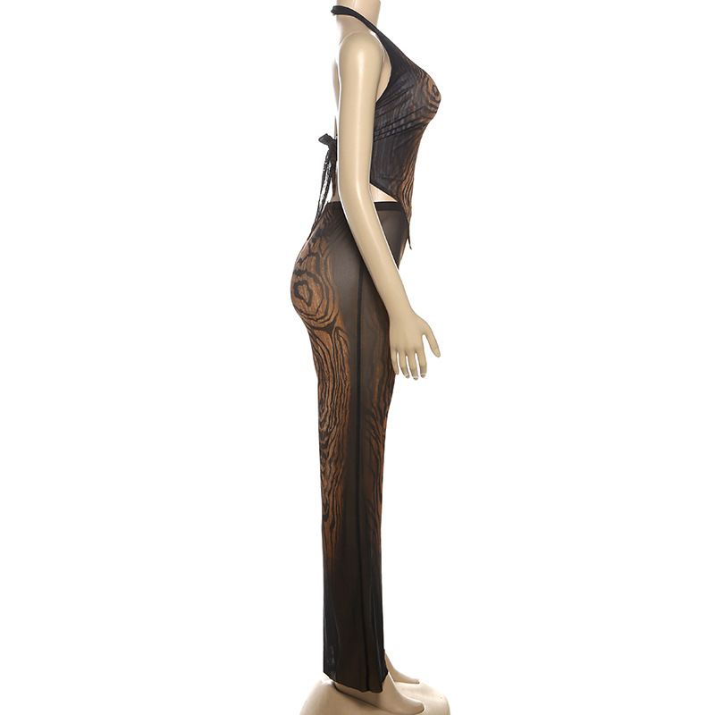 Autumn Women's Graffiti Print Sleeveless Halter Tank Top Tight Fitting Pants Set