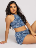 Summer Women's Slim Fit Low Back Crop Top Knitted Shorts Set