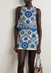 Summer Women's Slim Fit Blue Print Round Neck Top and Short Skirt Set