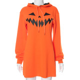 Women's Halloween Pumpkin Print Long Sleeve Drawstring Hooded Dress