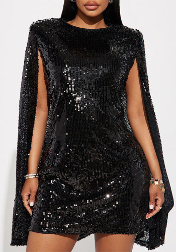 Spring Women's Fashion Stand Collar Sequin Loose Short Dress