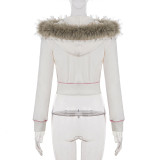 Women American-Style Fall/Winter Sport Velvet Letter Print Fur Collar Hooded Long-Sleeved Jacket and Pants Two-Piece Set