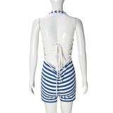 Summer Women's Slim Fit Lace-Up Halter Neck Striped Jumpsuit