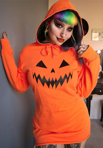 Women's Halloween Pumpkin Print Long Sleeve Drawstring Hooded Dress