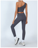 Women's One-Shoulder Tank Top High-Waisted Quick-Dry Long Pants Yoga Set