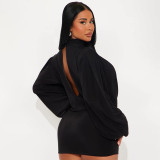 Women Fall Solid Casual V-Neck Long-Sleeved Top and Mini Skirt Two-Piece Set