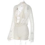 Women  Sexy Basics Bra and Cutout Collar Patchwork Lace Long Sleeve Jumpsuit Two-Piece Set