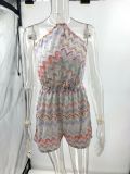 Summer Women's Sexy Print Multi-Color Wave Low Back Halter Neck Slit Jumpsuit