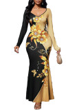 Women's Printed Long Sleeve V-Neck Sexy Slim Fit Gown