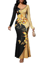 Women's Printed Long Sleeve V-Neck Sexy Slim Fit Gown Women's Printed Long Sleeve V-Neck Sexy Slim Fit Gown