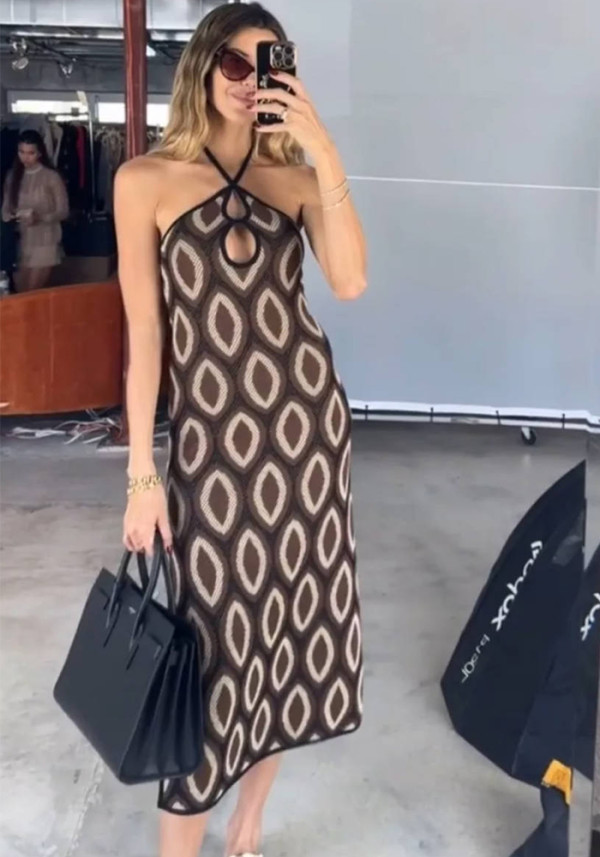 Women's Cut-Out Slit Halter Neck Low Back Beach Bohemian Long Evening Gown