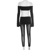 Women Fall Sexy Off-Shoulder Backless Long-Sleeved Mesh Patchwork Jumpsuit