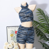 Summer Women's Slim Fit Low Back Crop Top Knitted Shorts Set