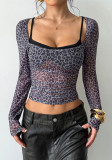 Autumn Women's Leopard Print Fake Two-Piece Long Sleeve Slim Fit Top