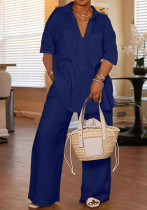 Women's Plus Size Solid Casual V-Neck Short Sleeve Shirt and Wide-Leg Pants Set