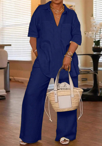 Women's Plus Size Solid Casual V-Neck Short Sleeve Shirt and Wide-Leg Pants Set