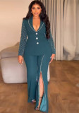 Women's Sexy V-Neck Beaded Long Sleeve Blazer Slit Straight-Leg Pants Set