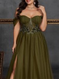 Women's Plus Size Embroidered Slit A-Line Elegant Fashion Long Formal Party Gown