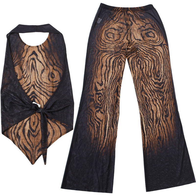 Autumn Women's Graffiti Print Sleeveless Halter Tank Top Tight Fitting Pants Set