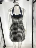Women's Black and White Plaid Tweed Halter Neck Slim Waist Party Short Dress