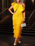 Elegant Solid Color Slash Shoulder Big Bow Fringe Formal Party Dress
