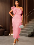 Elegant Solid Color Slash Shoulder Big Bow Fringe Formal Party Dress