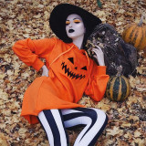Women's Halloween Pumpkin Print Long Sleeve Drawstring Hooded Dress
